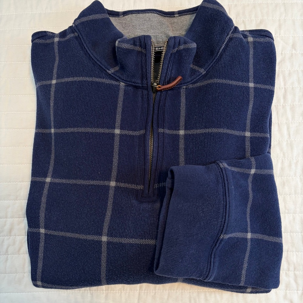 Lands End Quarter Zip Pullover Blue Windowpane Plaid Sweater Mens XL